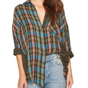 Free People One of the Guys Plaid Button Down, Green Combo, size M